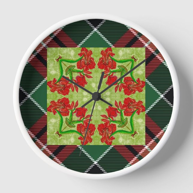 Christmas Amaryllis Karierter Untersetzer Uhr (Vorderseite)