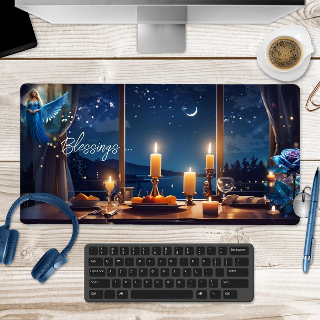 Christmas Angel Candle Light Schreibtischunterlage (Christmas desk mat featuring a magical design with candles, angel and light sparkles )