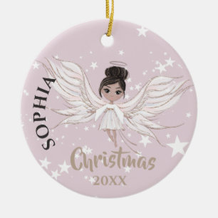 Christmas Angel Dark Hair Stars Photo Pink Cute  Keramik Ornament