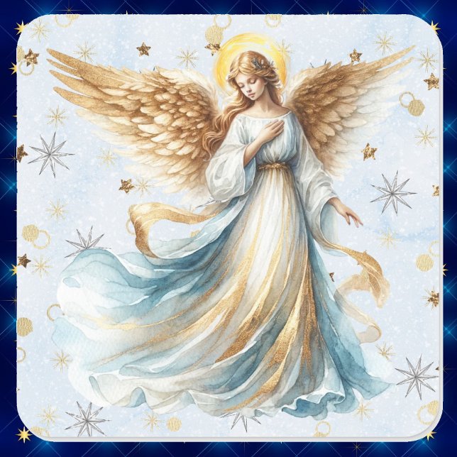 Christmas Angel Gold Blue Watercolor Quadratischer Aufkleber (Von Creator hochgeladen)