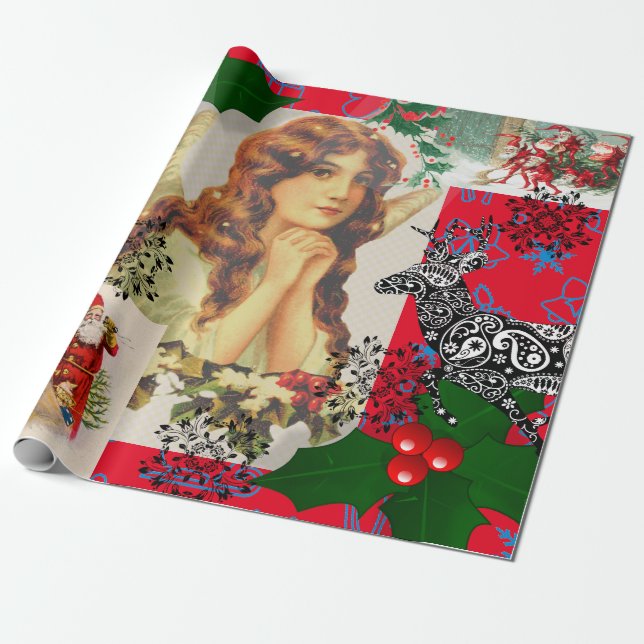 CHRISTMAS ANGEL IN RED COLLAGE Wrapping Paper Geschenkpapier (Ungerollt)