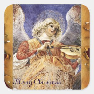 CHRISTMAS ANGEL MAKING MUSIC ANTIQUE PARCHERATION QUADRATISCHER AUFKLEBER