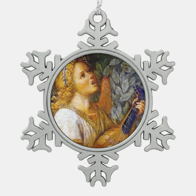 CHRISTMAS ANGEL MAKING MUSIC blau grün türkis Schneeflocken Zinn-Ornament (Vorderseite)