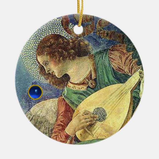 CHRISTMAS ANGEL MAKING MUSIC Blue Gem Stone Keramikornament (Vorne)