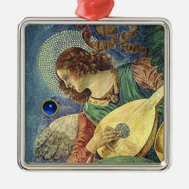 CHRISTMAS ANGEL MAKING MUSIC Blue Gem Stone Silbernes Ornament (Vorne)