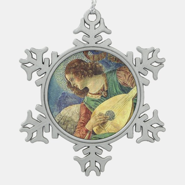 CHRISTMAS ANGEL MAKING MUSIC SCHNEEFLOCKEN Zinn-Ornament (Vorderseite)