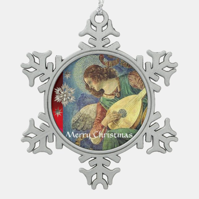 CHRISTMAS ANGEL MAKING MUSIC with DIAMOND STARS Schneeflocken Zinn-Ornament (Vorderseite)