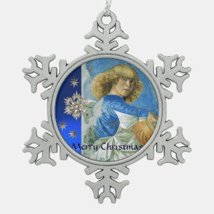CHRISTMAS ANGEL MAKING MUSIC with DIAMOND STARS Schneeflocken Zinn-Ornament