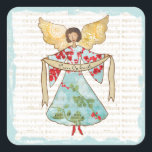 Christmas Angel Personalisiert Quadratischer Aufkleber<br><div class="desc">Sticker mit einem zarten Weihnachtsengel dekoriert. Sie trägt ein blaues,  rotes und grünes Blumenkleid,  und ihre Flügel sind mit einem goldenen Muster gefärbt. Sie hält ein Banner mit der Nachricht 'Weltfrieden',  die Sie personalisieren können. Hintergrund ist verblasste Noten mit blauer Grenze</div>
