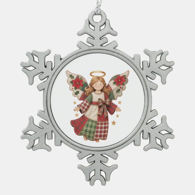 Christmas Angel with Golden Stars Schneeflocken Zinn-Ornament (Vorderseite)