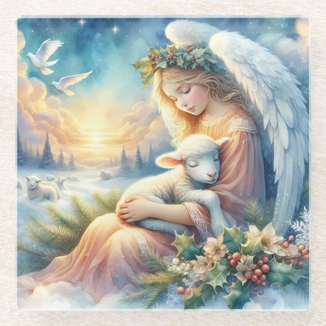 Christmas Angel with Lamb in Winter Peace Glasuntersetzer (Vorderseite)