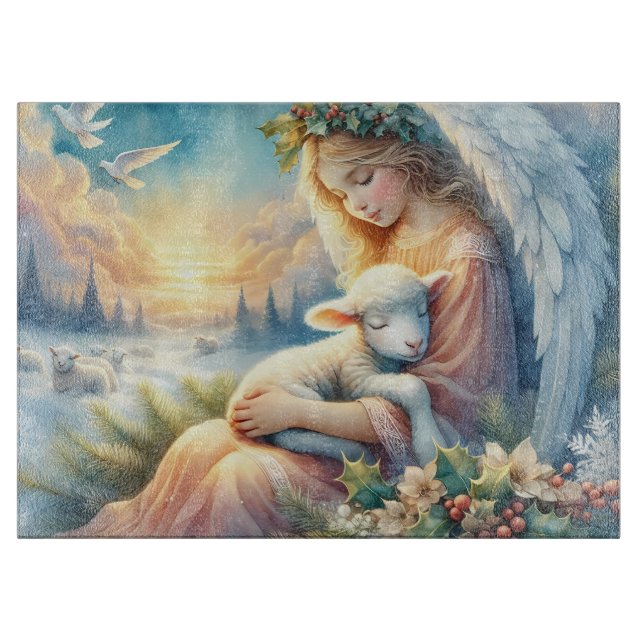 Christmas Angel with Lamb in Winter Peace Schneidebrett (Vorderseite)