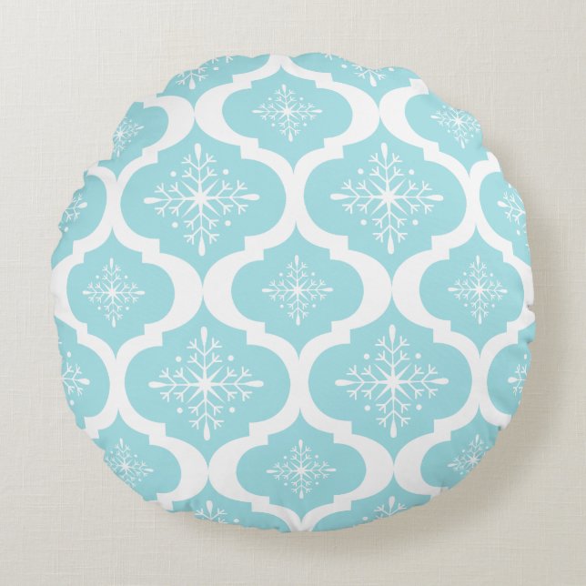 Christmas Aqua Blue Snowflakes Lattice Muster Rundes Kissen (Vorderseite)