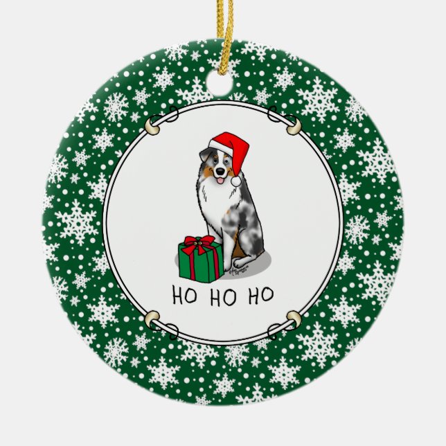 Christmas Australian Shepherd (blue merle tan/w 1) Keramik Ornament (Vorne)