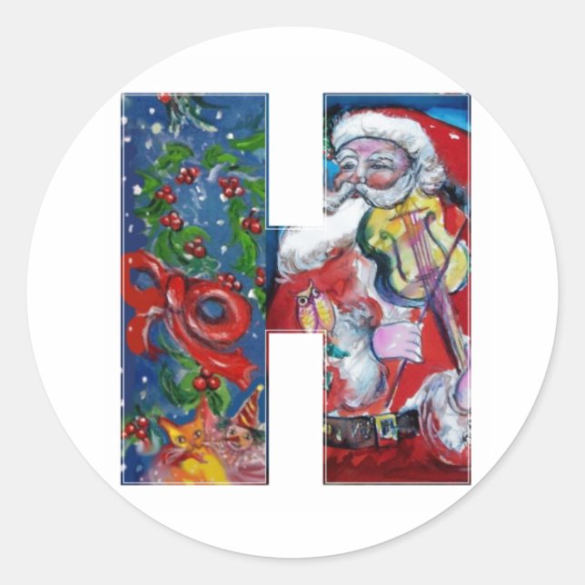 CHRISTMAS B SCHREIBEN / SANTA MIT VIOLIN MONOGRAM RUNDER AUFKLEBER (Vorderseite)