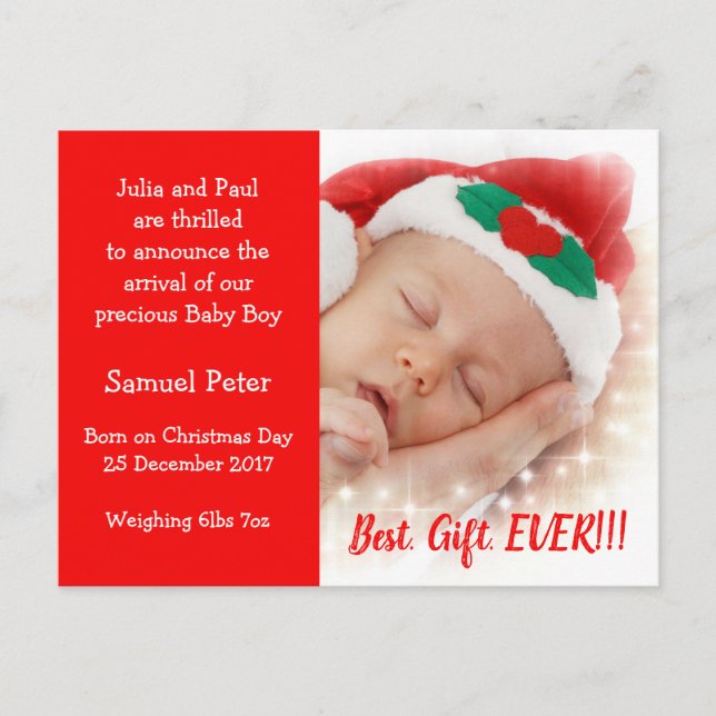 Christmas Baby Birth Announcement Foto Postkarte (Vorderseite)