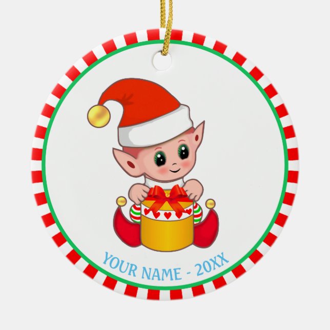 Christmas Baby Elf & Individuelle Name Keramik Ornament (Vorne)