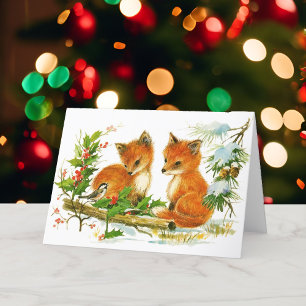 Christmas Baby Foxes & Chickadee Woodland Friends Feiertagskarte