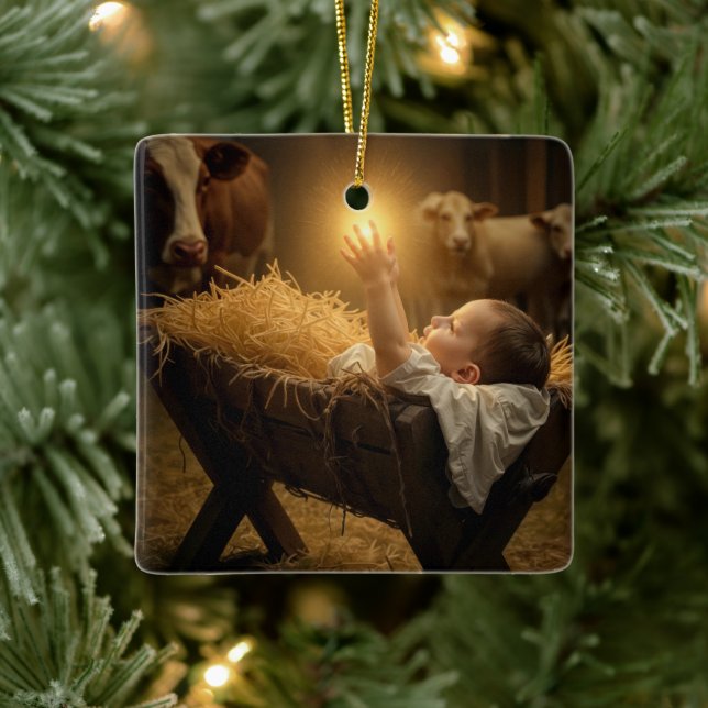 Christmas Baby Jesus In a Manger Keramikornament (Baum)