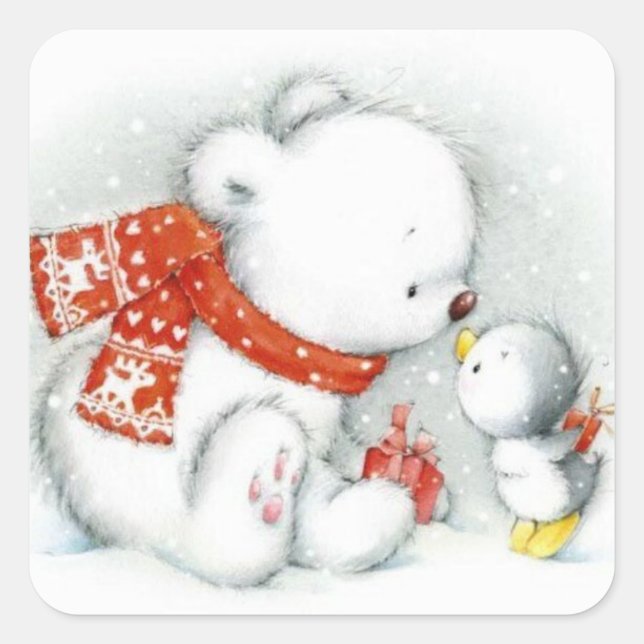 Christmas Baby Polar Bear Kissing Bird Quadratischer Aufkleber (Vorderseite)