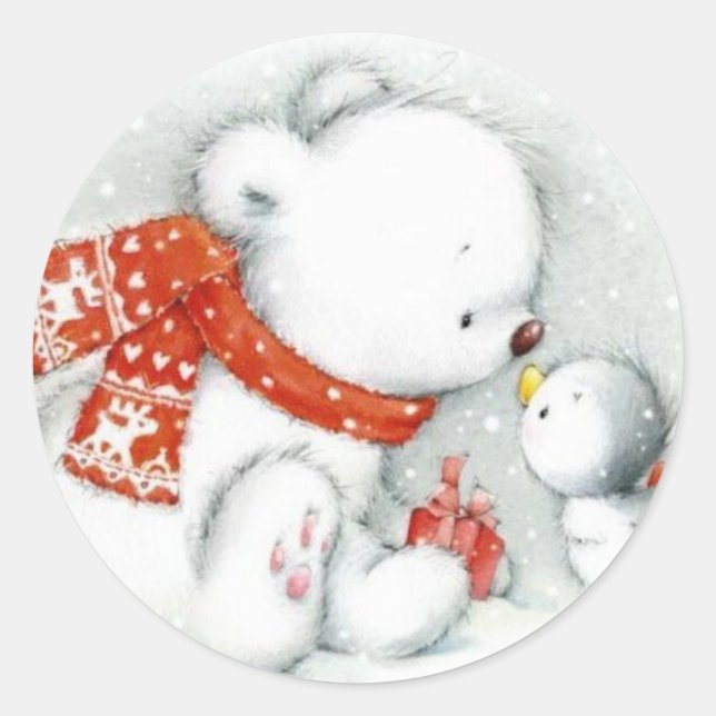 Christmas Baby Polar Bear Kissing Bird Runder Aufkleber (Vorderseite)