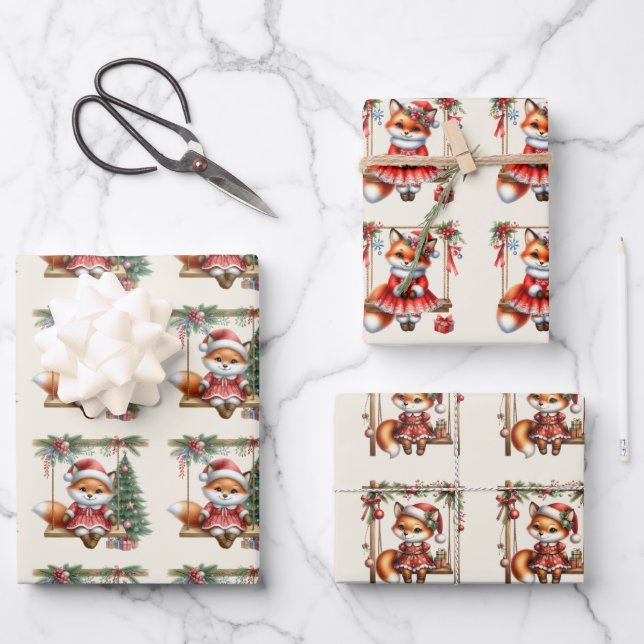 Christmas Baby Red Fox Swinging Geschenkpapier Set (Vorderseite)