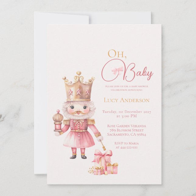 Christmas Baby Shower Pink Nutcracker Watercolor  Einladung (Vorderseite)