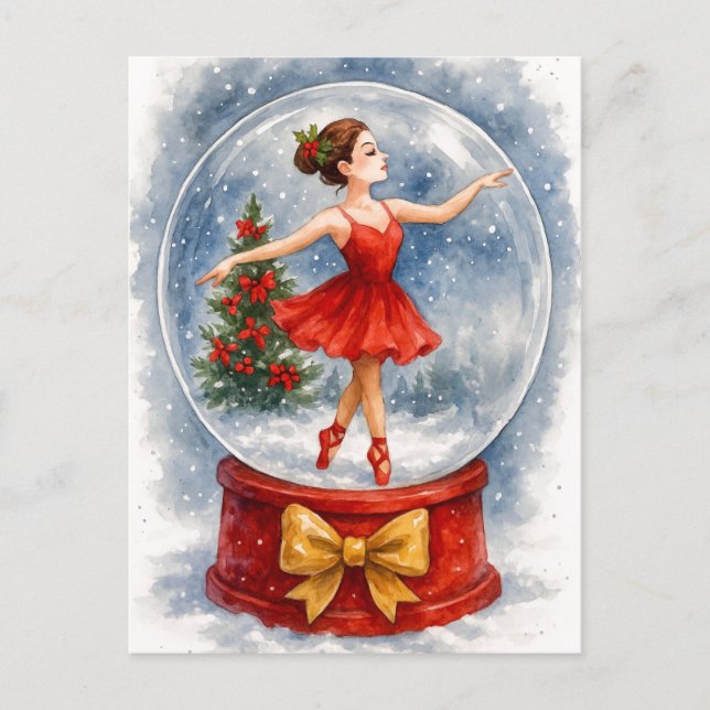 Christmas Ballerina Snow Globe Postcard Feiertagspostkarte (Vorderseite)
