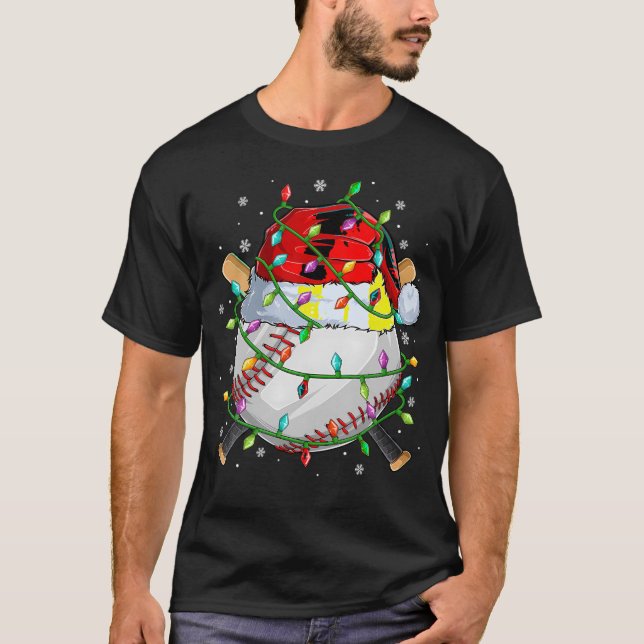 Christmas Baseball Player Santa Hat Lights Xmas T-Shirt (Vorderseite)