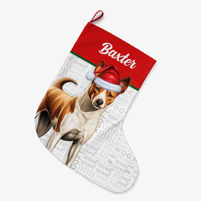 Christmas Basenji Dog Name Woof Großer Weihnachtsstrumpf (Vorderansicht (hängend))