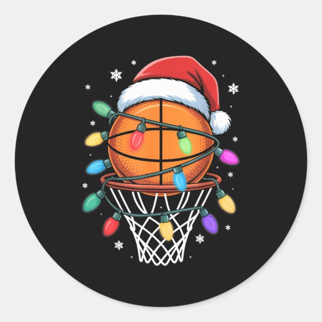 Christmas Basketball Santa Hat Xmas Light Basketba Runder Aufkleber (Vorderseite)