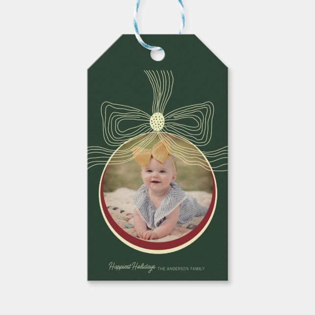 Christmas Bauble & Bow Green Red Foto Geschenkanhänger (Vorderseite)