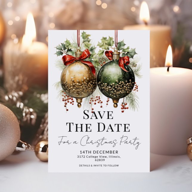 Christmas Baubles Red Green Gold Save the Date Einladung (Von Creator hochgeladen)