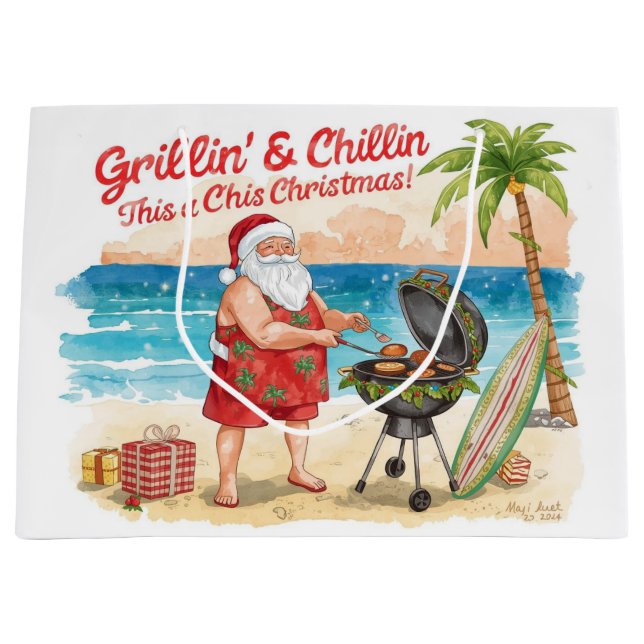 Christmas BBQ Santa at the Beach Florida  Große Geschenktüte (Vorderseite)