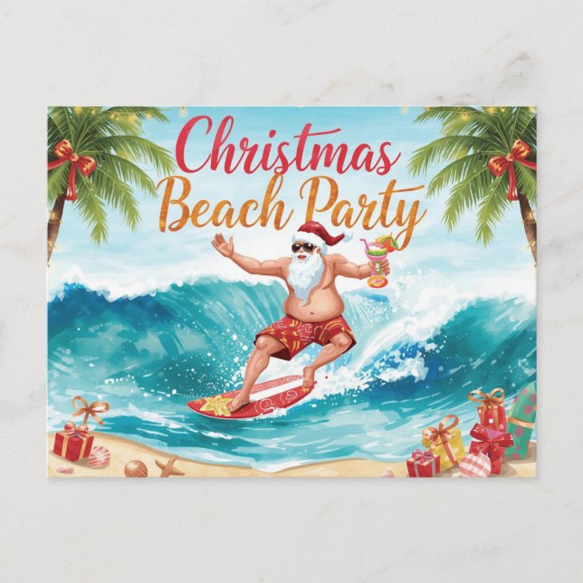 Christmas Beach Party – Tropical Santa Surfing  Einladungspostkarte (Vorderseite)
