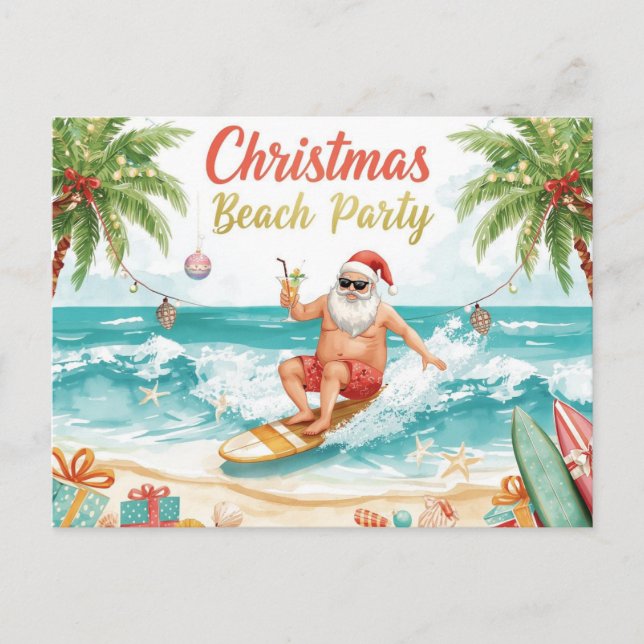 Christmas Beach Party – Tropical Santa Surfing  Einladungspostkarte (Vorderseite)