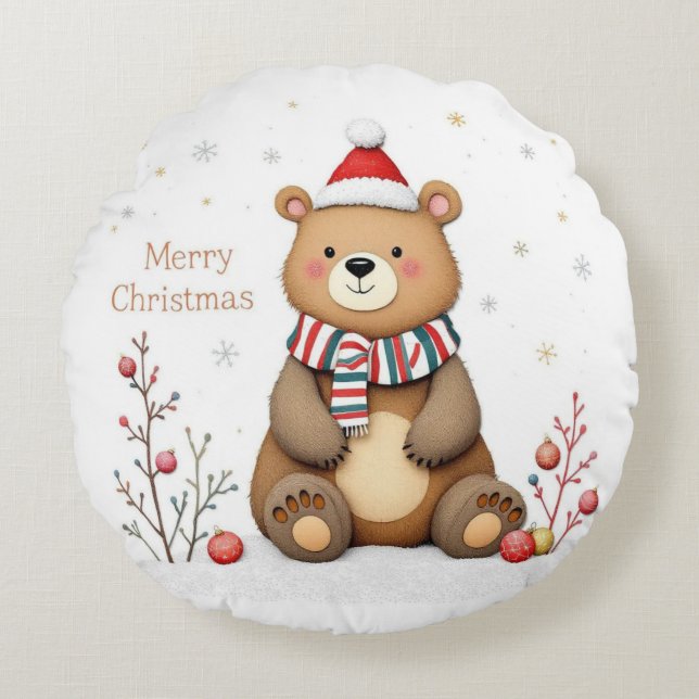 Christmas Bear Rundes Kissen (Vorderseite)