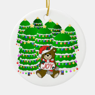 Christmas Bear with JOY Sign and ChristmasTrees Keramikornament