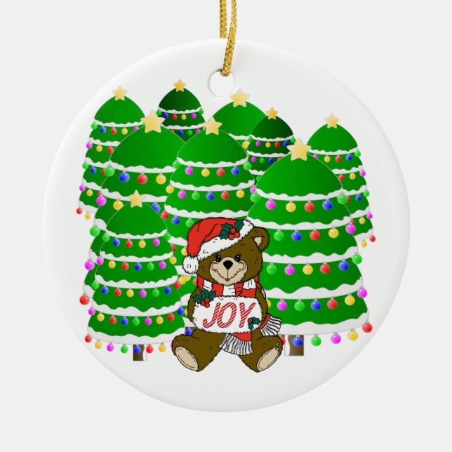 Christmas Bear with JOY Sign and ChristmasTrees Keramikornament (Vorne)