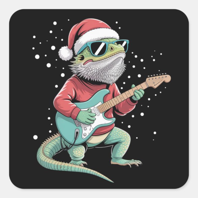 Christmas Bearded Dragon Playing Guitar Musician  Quadratischer Aufkleber (Vorderseite)