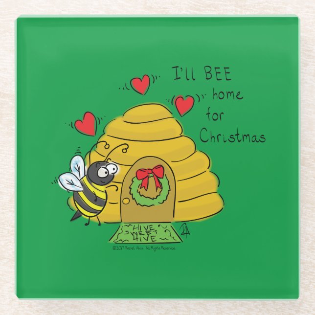 Christmas Bee Funny Holiday Cartoon Glasuntersetzer (Vorderseite)