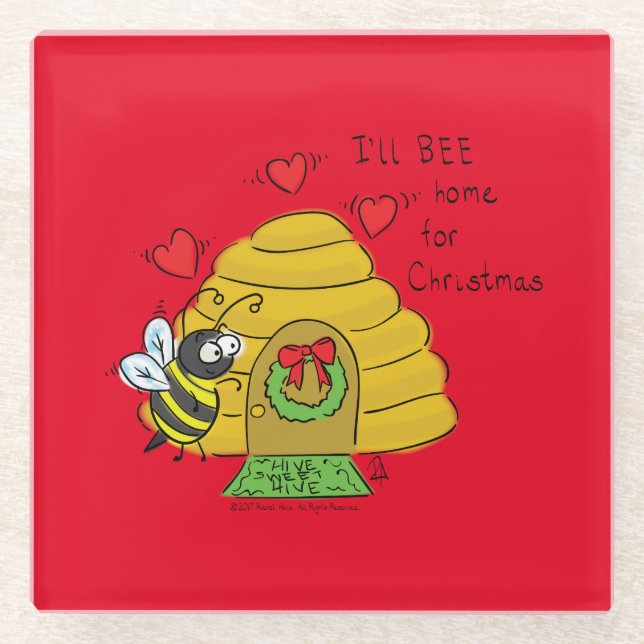 Christmas Bee Funny Holiday Cartoon Glasuntersetzer (Vorderseite)