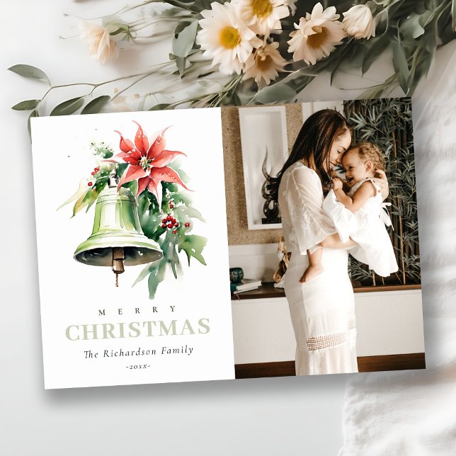Christmas Bell Pine Poinsettia Foto Feiertagskarte (Von Creator hochgeladen)