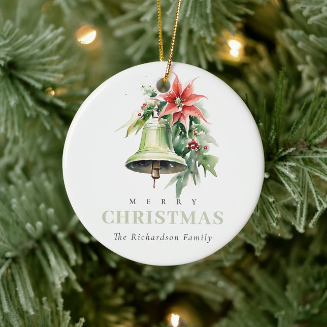 Christmas Bell Pine Poinsettia Foto Keramik Ornament (Baum)