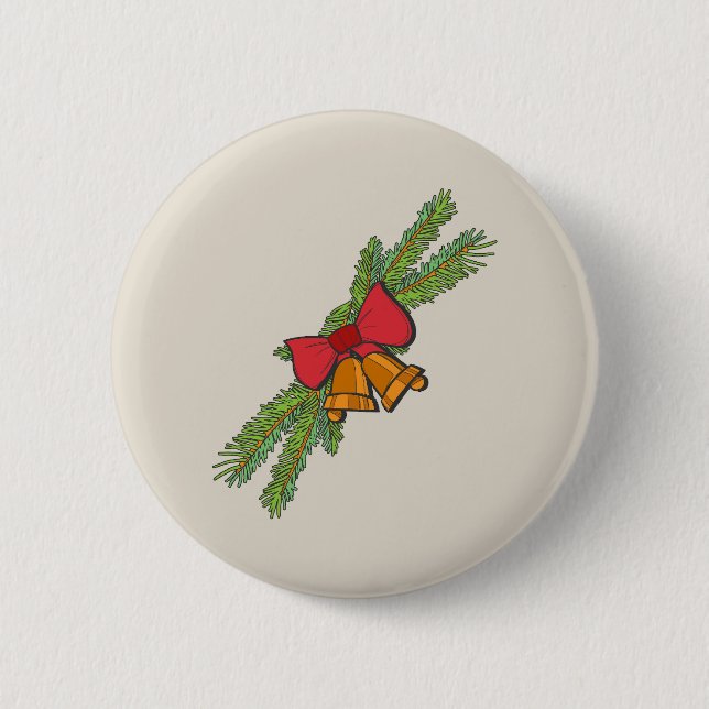Christmas Bell Print with Pine & red bow wall art Button (Vorderseite)