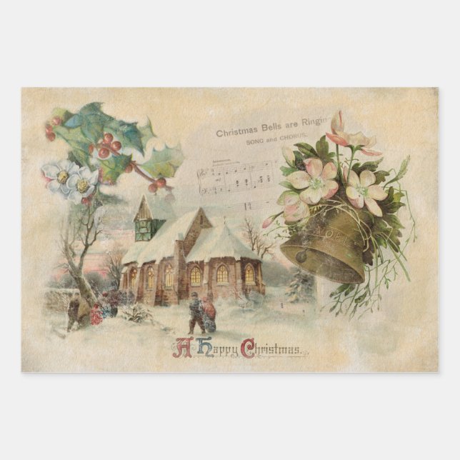 "Christmas Bell" Vintag Geschenkpapier Set (Vorderseite)