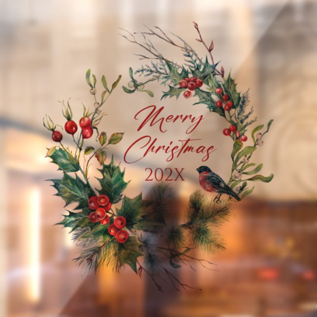 Christmas Berries Wreath Bullfinch, text Fensteraufkleber (Blatt 2)