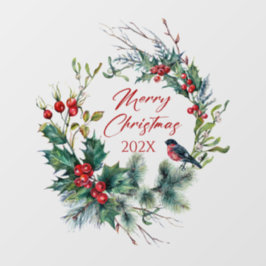 Christmas Berries Wreath Bullfinch, text Fensteraufkleber