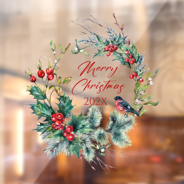 Christmas Berries Wreath Bullfinch, text Fensteraufkleber (Blatt 2)