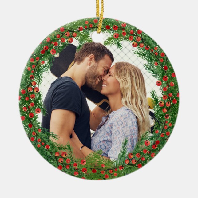 Christmas Berries Wreath Custom Foto Keramik Ornament (Vorne)